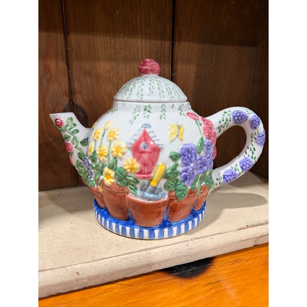 Flowers Inc Balloons H BeaugArt Designs Garden Birdhouse Floral Ceramic Teapot